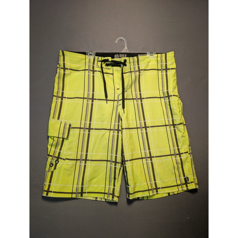 Buckle BKE Sport Board Shorts Mens 36 Lime Green Plaid Slim Fit Swim Trunks